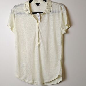 Ann Taylor Peter Pan Lace Collar Linen Top Semi Sheer Light Yellow Size M NWT